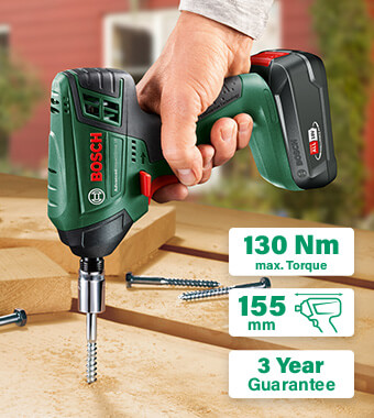 Compact powerhouse – shortest head length in its class
Compact design with 155 mm head length for work
in confined areas
130 Nm of powerful torque for tough projects
Fast results via impact rate of 0-3,200 per min Bosch AdvancedImpactDrive 18 Cordless Torque Impact Driver Wrench