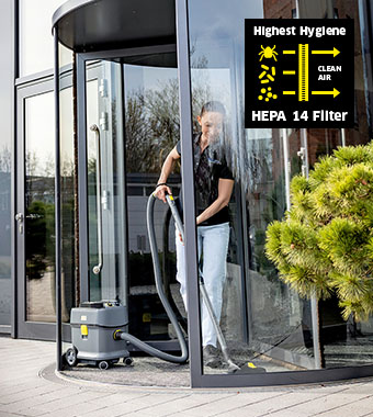 Karcher T 15/1 HEPA BP — HEPA 14 Filtration Karcher T 15/1 HEPA BP cordless vacuum with HEPA 14 filter for highest hygiene standards"