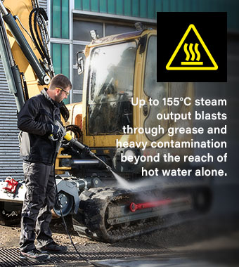 Operator cleaning excavator tracks with Karcher HDS 6/10 C 110V hot water pressure washer at 155°C steam output