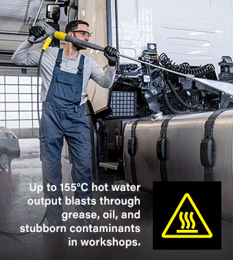 Karcher HDS 7/10-4 M — Up to 155°C Hot Water Output Karcher HDS 7/10-4 M hot water pressure washer delivering up to 155°C output for heavy-duty cleaning