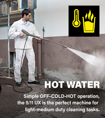 Hot Water
Simple OFF-COLD-HOT operation,
the 5/11 UX is the perfect machine for
light-medium duty cleaning tasks
where time is of the essence. Karcher 10649030 5/11 UX Professional EASY!Lock EASYLock Hot-Water Pressure Washer