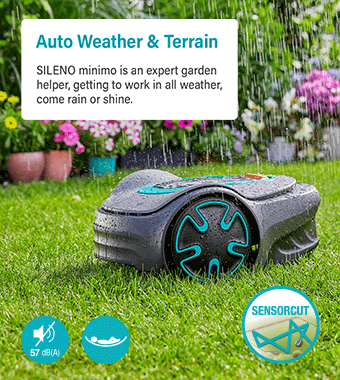Auto Weather & Terrain
SILENO Minimo is an expert garden helper, getting to
work in all weather, come rain or shine. This lawnmower
cuts all shapes of lawns from simple to complex layouts,
including slopes of up to 25 percent. Gardena 1520128 SILENO Minimo Robotic Lawnmower Rain Weather