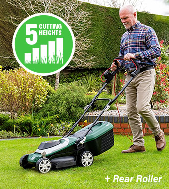 5 CUTTING HEIGHTS
Simply raise the single lever to lower the blade
for cutting lengths of grass from 25-75mm. Webb WEER33RR Classic Supreme Electric Rotary Lawnmower Rear Roller 33cmm 30-litre collection box
