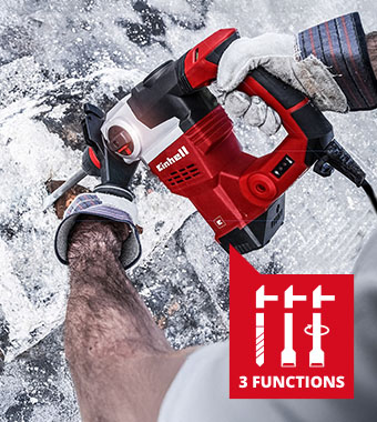 Three modes: hammer drilling
and chiselling with or without fixing. Einhell TE-RH 38 3F SDS-Max Rotary Hammer Drill Anti-vibration 9J Joules Lightweight