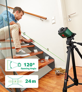 High-precision alignment with excellent
visibility across the entire room
• 360° horizontal line for accurate alignment in
the entire room.
• 24 m Diameter working range. Bosch 0603663E06 UniversalLevel360 Self-Levelling Cross Line Green Laser Level Tripod Set
