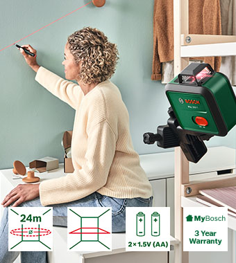 Bosch PLL 360-1 Basic 360 degree single line laser level in use marking a wall – 24m range, 2x1.5V AA batteries, 3 year MyBosch warranty