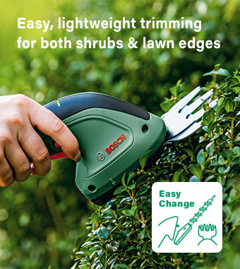 Easy, lightweight trimming for
both shrubs and lawn edges. Bosch EASYSHEAR Rechargeable Shrub Shears lightweight portable flexible microUSB