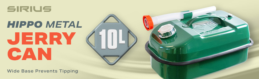 Sirius Hippo 10L Metal Jerry Can – Green Sirius Hippo 10L Green metal jerry can with white flexible pouring spout and wide base to prevent tipping