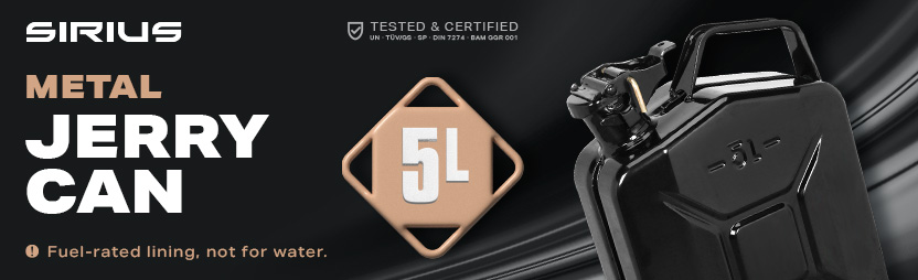 Sirius 5L Metal Fuel Can – Tested & Certified Sirius 5 litre black metal fuel can for petrol and diesel, tested and certified to UN, TÜV/GS, SP, DIN 7274 and BAM standards