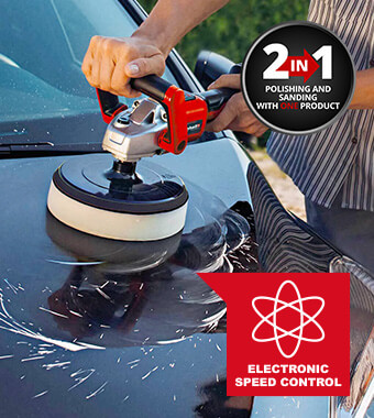 2-in-1 product: polishing and sanding with a single
tool. Electronic speed control with LCD screen. Einhell CE-CP 18-180 Li Polisher Sander 180mm