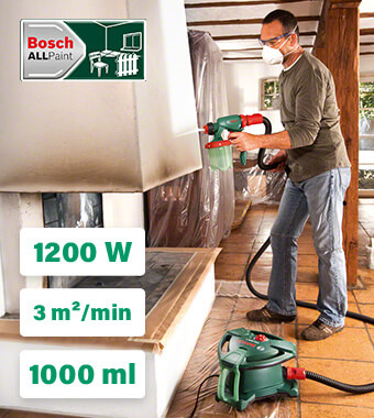 Goodbye brushes – fast and even coats
on textured surfaces and edges
ALLPaint spray system: Sprays wall paint, glaze,
or varnish on wood or metal
Paint quickly at 3 m² / min for large to
very large indoor and outdoor jobs
1,200 W motor offers best paint application in
its class for lightning-fast results
Two large 1,000-ml paint containers save time
by minimising refills on the job
Paint is finely atomised for even coats on
all surfaces without drips Bosch PFS 5000E Paint Spray System Lacquer Varnish uniform coating ALLPaint