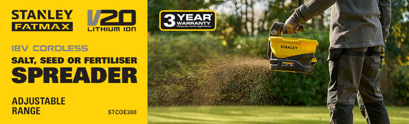 Stanley FatMax V20 STCOE300 18V Cordless Salt, Seed or Fertiliser Spreader – Adjustable Range, 1 Year Warranty Stanley FatMax V20 STCOE300 18V cordless salt, seed or fertiliser spreader in use – adjustable range, V20 lithium-ion, 1 year warranty