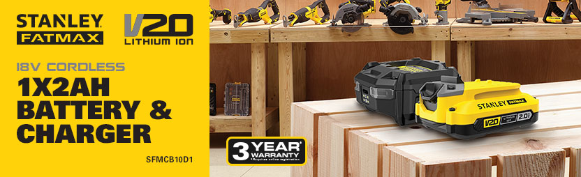 Stanley Fatmax V20
18v 2ah Battery and Charger
Starter Kit
SFMCB10D1 Stanley Fatmax V20 18v 2ah Battery and Charger Starter Kit SFMCB10D1
