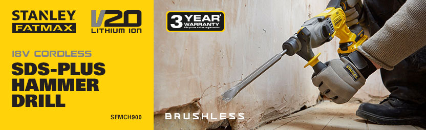 Stanley FatMax V20
18v Cordless Brushless
SDS-Plus Hammer Drill
SFMCH900 Stanley FatMax V20 18v Cordless Brushless SDS-Plus Hammer Drill SFMCH900
