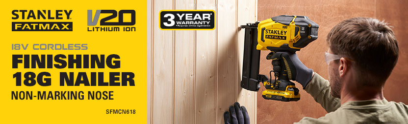 Stanley FatMax V20
18v Cordless Second-Fix
18G Nail Gun
SFMCN618 Stanley FatMax V20 18v Cordless 18G Second Fix Nail Gun SFMCN618