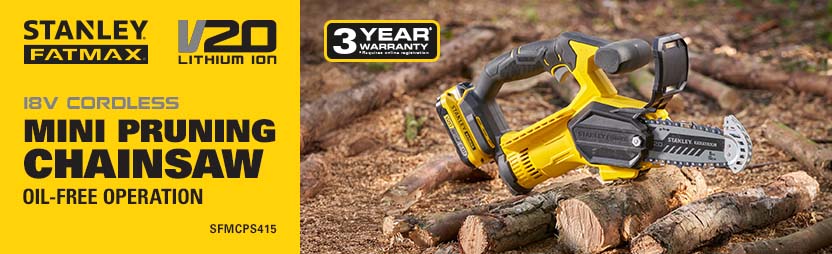Stanley FatMax V20
18v Cordless Mini
Pruning Chainsaw
SFMCPS415 Stanley FatMax V20 18v Cordless Mini Pruning Chainsaw SFMCPS415