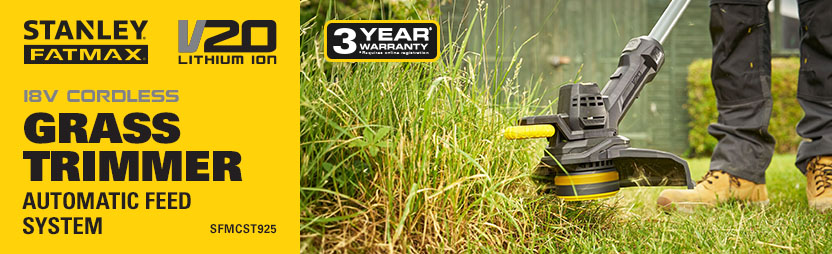 Stanley FatMax V20 18V Cordless Grass Trimmer – Automatic Line Feed Stanley FatMax V20 SFMCST925 18V cordless grass trimmer with automatic feed system and 3-year warranty, trimming long grass