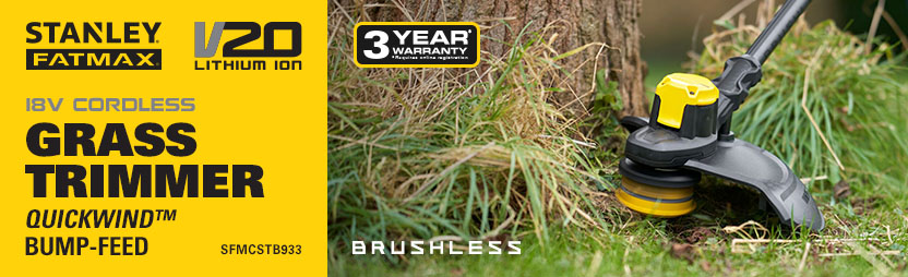 Stanley FatMax V20 SFMCSTB933 – 18V Brushless QuickWind Grass Trimmer Stanley FatMax V20 SFMCSTB933 18V cordless brushless grass trimmer cutting overgrown grass around the base of a tree, with QuickWind bump-feed spool head