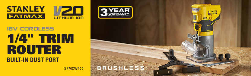 Stanley FatMax V20
18v Cordless Brushless
1/4inch Trim Router
SFMCW400 Stanley Fatmax V20 18v Cordless Brushless 1/4inch Trim Router SFMCW400