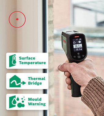 Measures surface and room temperatures
as well as air humidity with ease.
For energy saving and better living quality. Bosch 0603683200 AdvancedTemp Laser Thermal Detector