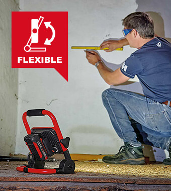 High flexibility thanks to
360° swiveling lamphead. Einhell TC-CL 18-1800 Li Cordless Work Light