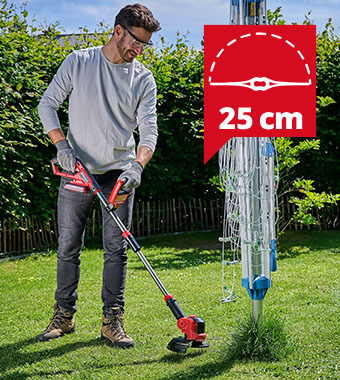 25cm cutting width perfect for trimming
around flower beds, fences, and paths. Einhell GE-CT 18/25 Li 18v Cordless telescopic Grass Trimmer 25cm tiltable