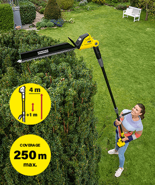 250 m
Cutting Performance
per Battery Charge
Up to 4 metres for trimming
even the tallest hedges. Karcher PHG 1845 18v Pole Hedge Trimmer