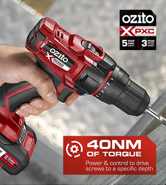 • Adjustable Clutch with 18 Torque Settings
• 40 Nm Max. Torque
• Belt Clip for Hands Free Portability
• 5 Year Tool Warranty
3 Year Battery & Charger Warranty Ozito PXDDK-2400U Power X-Change Torque Settings