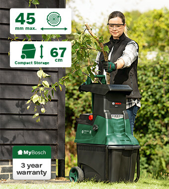Fast and powerful shredding of wood and
garden debris with Turbine Cut Technology. Bosch AXT25TC Turbine Cutting 3-in-1 Garden Shredder shredding