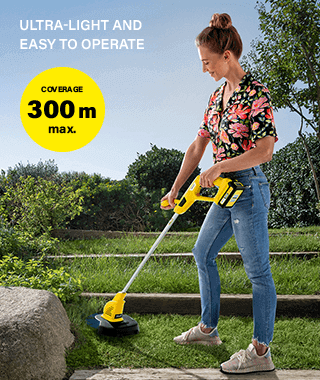 300 m
Cutting Performance
per Battery Charge
Ultra-light & Easy to use Karcher LTR 1825 18v Grass Trimmer Light Weight Medium Lawns