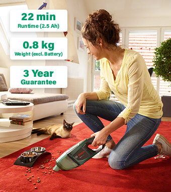 The powerful cordless hand-held vacuum
cleaner for a wide range of applications
Transforms into a floor cleaner with extension tubes
and floor nozzle
Reliable runtime and constant suction power with
one battery charge
Flat-pleated filter and pre-filter protect inner
components from dust
Crevice nozzle for cleaning hard-to-reach areas
Brush nozzle attachment cleans carpets and rough
surfaces thoroughly Bosch EasyVac 12v Cordless Dry Vacuum Cleaner