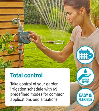 Water control timer for setting
predetermined watering programs
from an outdoor tap. Gardena 1897-28 Water Control Easy Plus garden irrigation timer