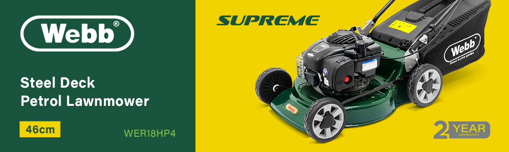 Webb Supreme WER18HP4
Steel Deck Petrol Rotary Lawnmower 460mm Webb Supreme WER18HP4 Petrol Rotary Lawnmower