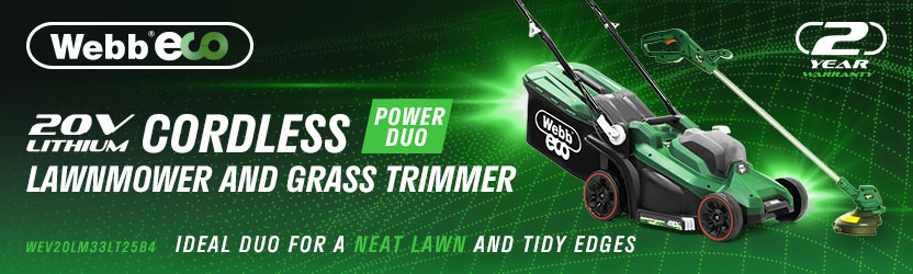 Webb Eco WEV20LM33LT25B4
20v Cordless Lawnmower and
Grass Trimmer Tool Kit Webb Eco WEV20LM33LT25B4 20v Cordless Lawnmower and Grass Trimmer
