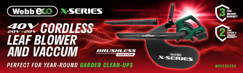 Webb X-Series WEV20X2BV 40V Brushless Leaf Blower & Vacuum Webb X-Series WEV20X2BV 40V (2 x 20V) brushless cordless leaf blower and vacuum, perfect for year-round garden clean-ups
