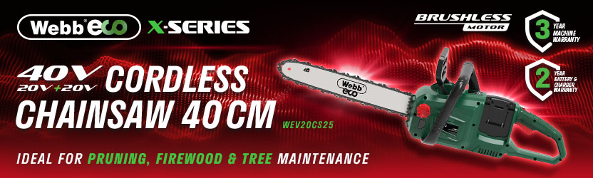 Webb X-Series WEV20X2CS40 40V Brushless Cordless Chainsaw – 40cm Webb X-Series WEV20X2CS40 40V (2 x 20V) brushless cordless chainsaw with 40cm bar, ideal for pruning, firewood and tree maintenance