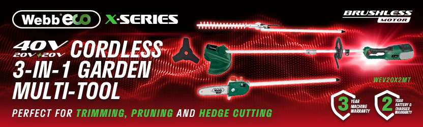 Webb X-Series WEV20X2MT 40V Cordless Brushless Garden Multi-Tool – 3 Year Warranty Webb X-Series WEV20X2MT 40V (20V+20V) cordless brushless 3-in-1 garden multi-tool for trimming, pruning and hedge cutting, with 3-year machine warranty