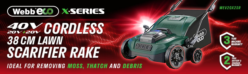 Webb X-Series WEV20X2SR 40V (20V+20V) cordless 38cm lawn scarifier rake for removing moss, thatch and debris, with 3-year machine warranty