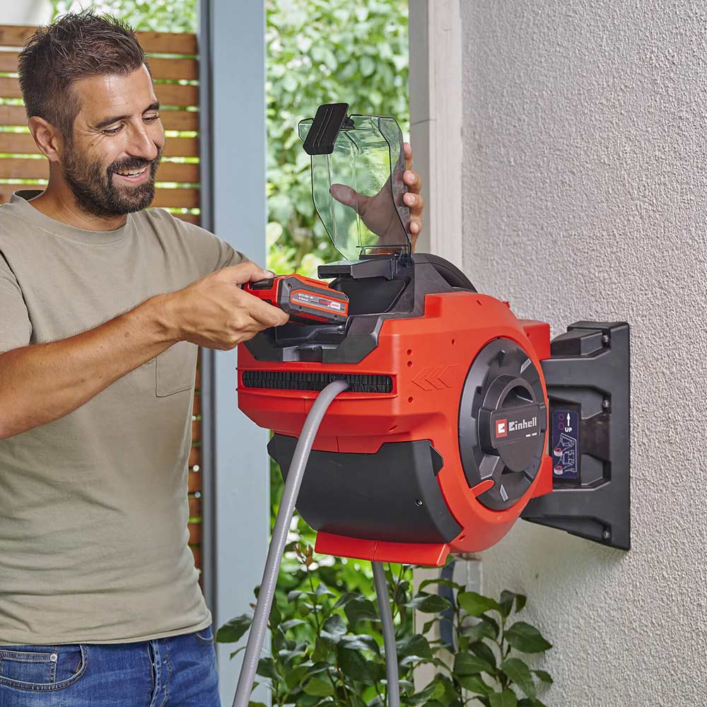 Einhell Cordless Hose Reel GE-HR 18/30 Li-Solo – 18V, 30m Hose, Auto Rewind, 180° Swivel – Wall Mount, Without Battery