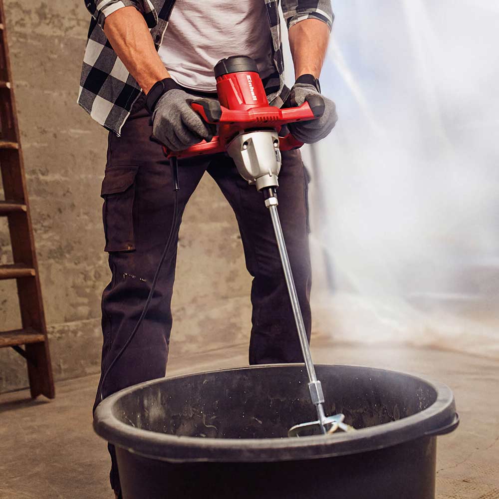 Einhell Verf-/ Mortelmenger TE-MX 1600-2 CE (1600 W, 0-750 1/min snelheid, M14-roerderbeugel, snelheidselektronica, aluminium tandwielkast, incl. roerder) & KWB 4976-30 mortelmixer M14