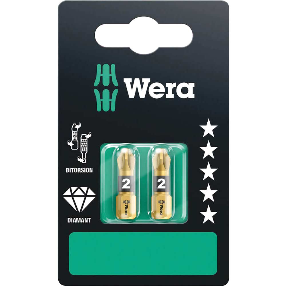 Wera Bitorsion Diamond Pozi Screwdriver Bits Pz2 25Mm Pack Of Size 2