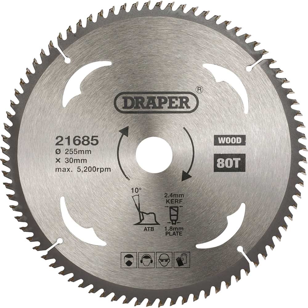 Draper Tct Wood Cutting Circular Saw Blade 255Mm 80T 30Mm 0.670Kg