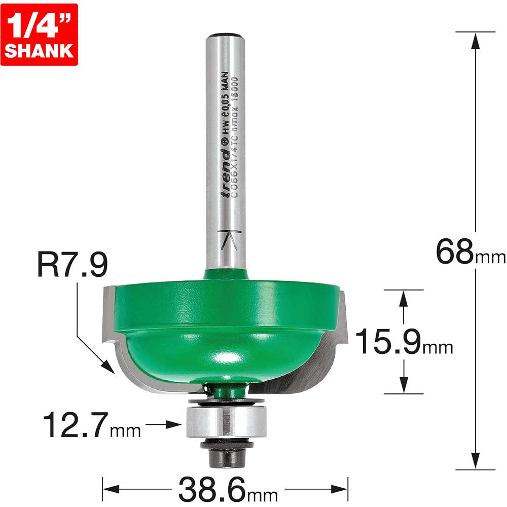 Trend CRAFTPRO Radius Bearing Guided Router Cutter - 38.6mm 15.9mm 1/4 ...