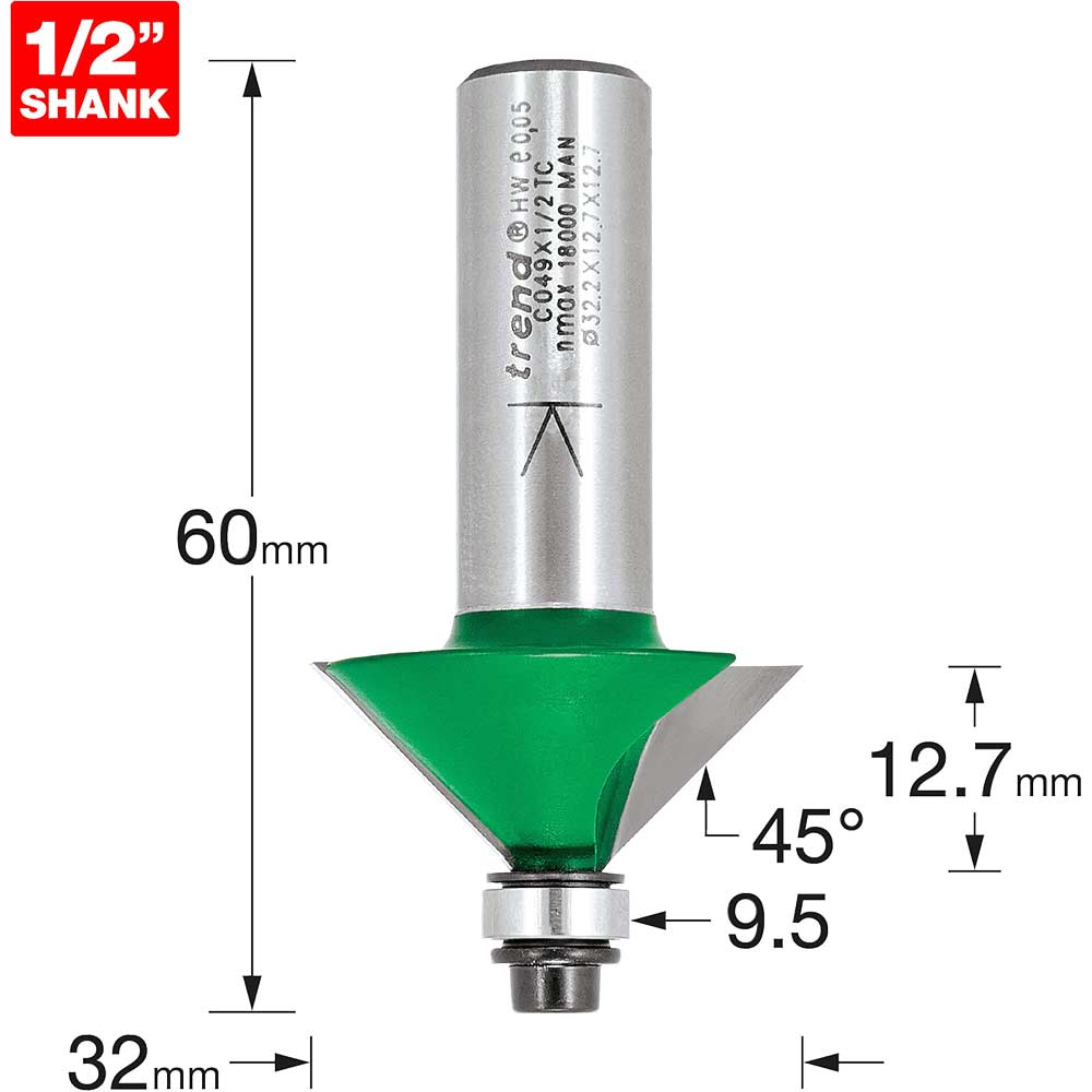 Trend Craftpro Chamfer Bearing Guided Router Cutter 32Mm 12.7Mm 1/2" Size 1