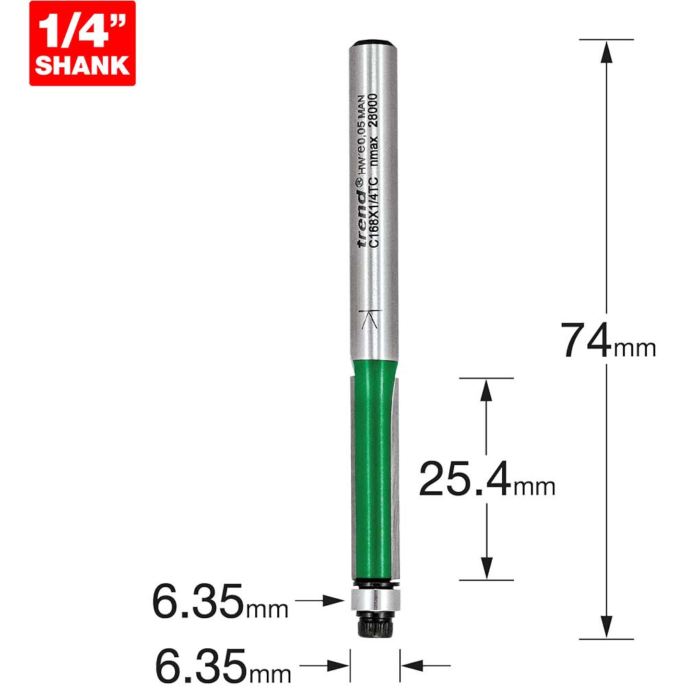 Trend Craftpro Bearing Guided Trimmer Router Cutter 6.35Mm 25.4Mm 1/4" Size 1