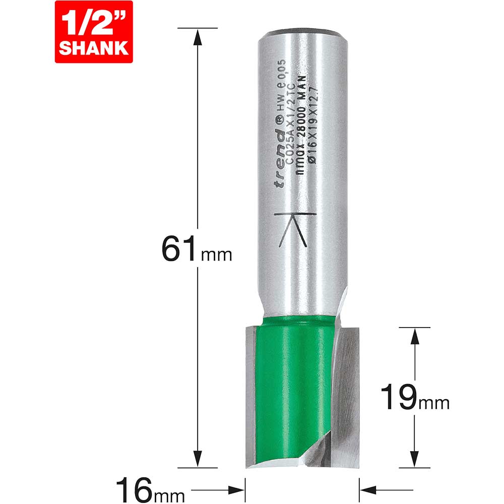 Trend CRAFTPRO Two Flute Straight Router Cutter - 16mm 19mm 1/2 ...