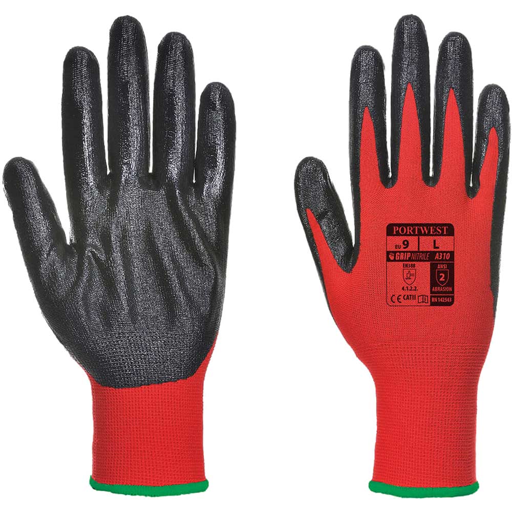 Portwest Flexo Grip Nitrile Tradesmans Gloves - Red/Black, Size L, Fit R