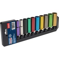 Sealey 10 Piece 3/8" Drive Coloured Deep HeX WallDrive Socket Set Metric Sealey 10 Piece 3/8" Drive Coloured Deep HeX WallDrive Socket Set Metric