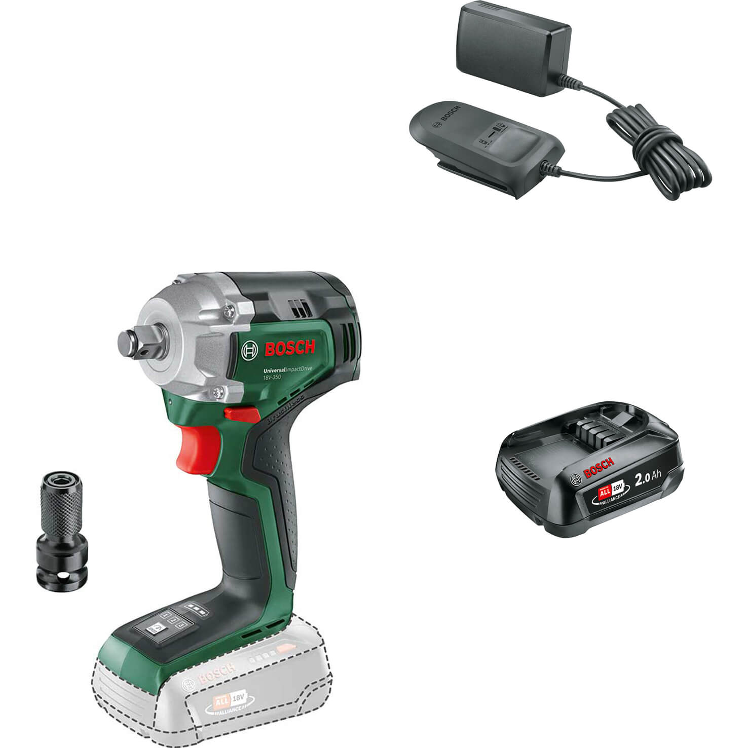 Bosch UNIVERSALIMPACTDRIVE 18V-350 P4A 18v Cordless Impact Wrench - 1 x 2Ah battery + charger