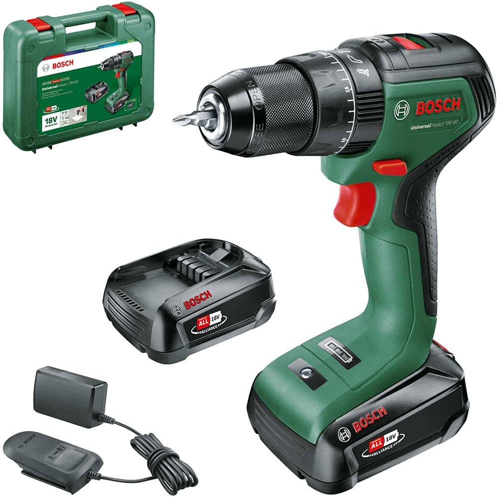 Bosch UNIVERSALIMPACT 18V-60 P4A 18v Cordless Brushless Combi Drill - 2 x 2Ah batteries + charger